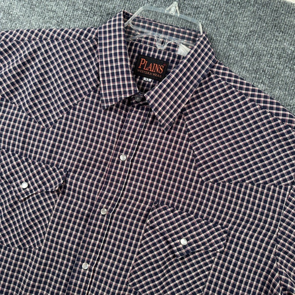 Plains Western Wear Mens XL Pearl Snap Shirt Short Sleeve Plaid Navy Red White